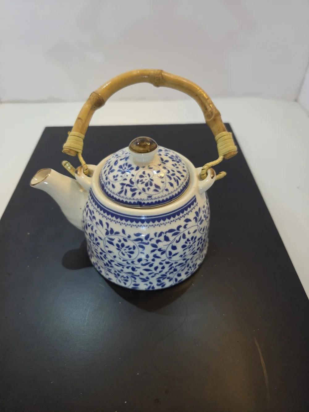Vintage Chinese Blue and White Porcelain Teapot with Bamboo Handle - Floral Chin